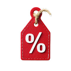Fototapete - Closeup of a detailed 3D rendered bright red discount price tag icon with a crisp white percent symbol featuring a reflective surface curved edges