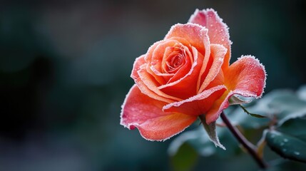 Poster - Macro flowers landscapes concept. A stunning close-up of a frosted rose with delicate petals and vibrant colors.