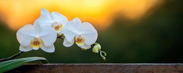 Poster - Macro flowers landscapes concept. A delicate white orchid blossom with droplets glistening in natural sunlight.