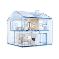 Aufkleber - A 3D rendered image depicting a transparent blue crystal like house icon with a futuristic glass morphism aesthetic featuring smooth reflective details and glowing edges