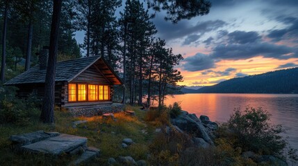 Wall Mural - lakeside sunset landscapes idea. a serene cabin by the lake under a colorful sunset surrounded by ta