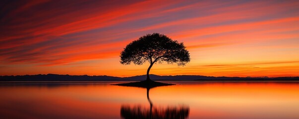Poster - Lakeside sunset landscapes idea. A serene landscape featuring a solitary tree during a vibrant sunset over calm waters.