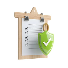 Poster - Wooden clipboard holding a checklist document guarded by a glossy green security shield with a white checkmark symbolizing verification compliance and approval