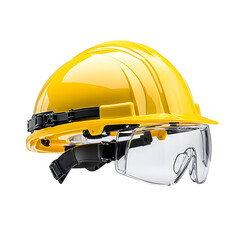 Poster - Close up of a bright yellow hard hat style construction helmet with illuminated reflective strips placed next to black industrial safety glasses symbolizing advanced worker protection equipment