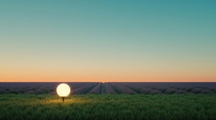 Poster - Macro flowers landscapes concept. A serene landscape with a glowing orb in a vast field under a colorful sky.