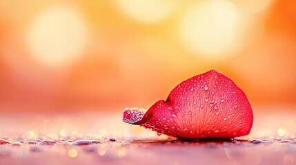 Poster - Macro flowers landscapes concept. A delicate rose petal with droplets resting on a surface, glowing in warm light.