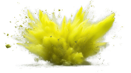 Poster - yellow powder exploding creating a particle cloud on transparent background