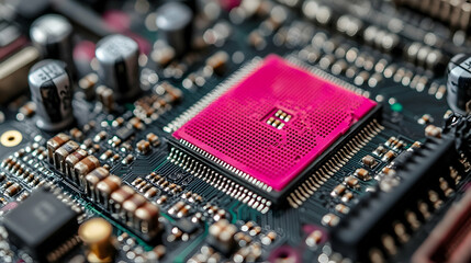 Poster - A detailed close-up shot of a circuit board, highlighting its intricate components and pink central processing unit