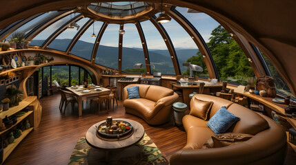Poster - Spacious living room bathed in natural light overlooking majestic mountains creating a serene and inviting atmosphere for relaxation.