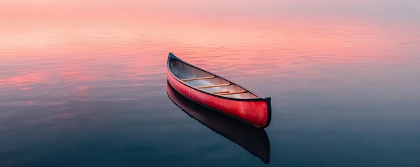 Wall Mural - lakeside sunset landscapes idea. a serene red canoe floats on calm water at sunset, creating a peace