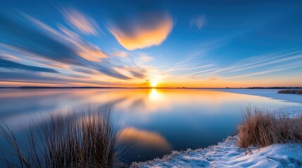 Poster - Lakeside sunset landscapes idea. Breathtaking sunset over a serene lake with vibrant colors reflecting in the water.