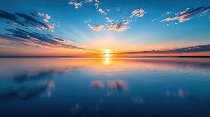 Poster - Lakeside sunset landscapes idea. Tranquil sunset over calm waters with vibrant colors and reflected clouds.