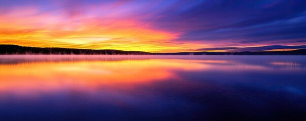 Poster - Lakeside sunset landscapes idea. Stunning sunset over calm water, featuring vibrant colors reflecting on the surface.