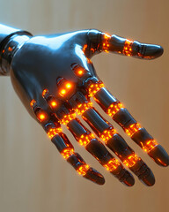 Poster - Metallic hand with orange lights highlighting its mechanical anatomy against a blurred light background