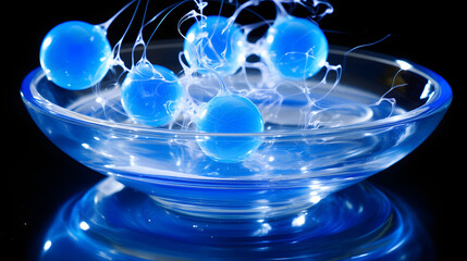 Poster - Artistic visualization of fundamental forces illustrated by a bowl filled with blue and white balls in a captivating display of color.