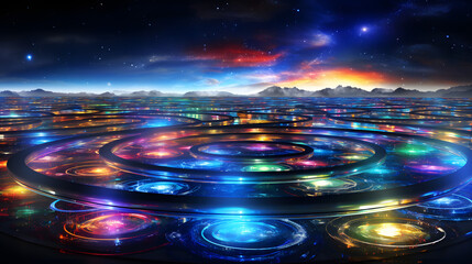 Poster - Colorful glowing abstract background featuring a circular pattern representing futuristic habitats and space colonies above cosmic landscapes.