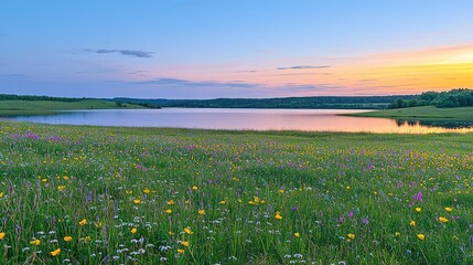 Poster - Lakeside sunset landscapes idea. A serene landscape showcasing a vibrant field of flowers by a calm lake at sunset.