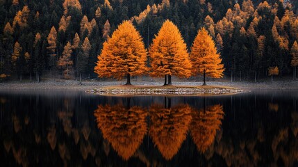 Poster - Lakeside sunset landscapes idea. Vibrant autumn trees reflecting on a tranquil lake, showcasing nature's beauty.