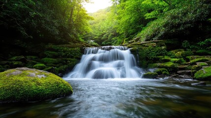 Poster - Waterfall landscapes idea. A serene waterfall surrounded by lush greenery creates a tranquil natural setting.