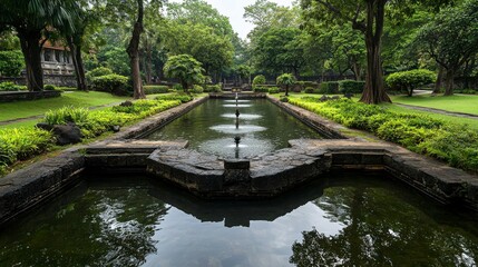 Poster - Tranquil water fountain scene lush garden nature photography peaceful retreat serene atmosphere