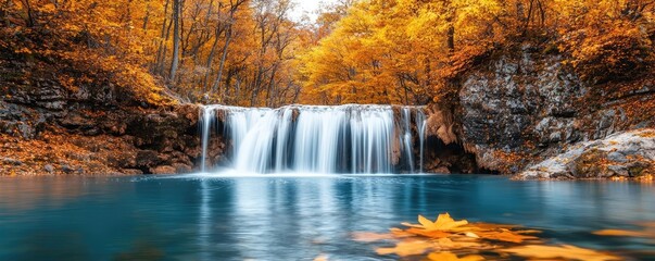 Poster - Waterfall landscapes idea. Serene waterfall cascading through vibrant autumn leaves and tranquil blue water.