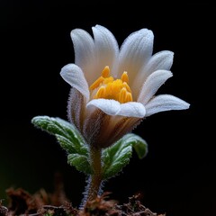 Poster - A small white flower with yellow petals is growing in the dirt