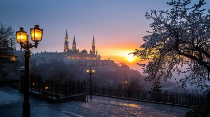 Aufkleber - Sunrise over historic castle scenic cityscape photography foggy atmosphere captivating view timeless beauty