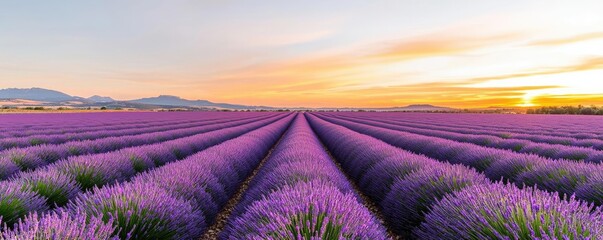 Poster - Macro flowers landscapes concept. Vibrant lavender field at sunset, showcasing rows of blooming purple flowers.