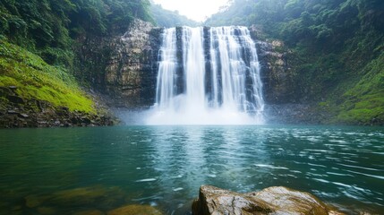 Poster - Waterfall landscapes idea. A tranquil waterfall cascading into a serene pool surrounded by lush greenery.