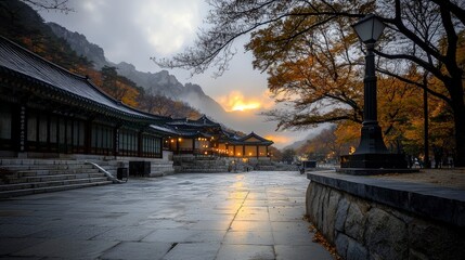 Aufkleber - Serene autumn sunset over historic hanok village captivating landscape photography in a tranquil environment