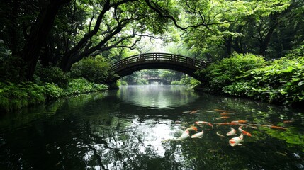 Poster - Tranquil koi pond scene with wooden bridge lush garden nature photography serene landscape peaceful atmosphere