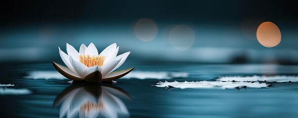 Poster - Macro flowers landscapes concept. A serene water lily floating gently on calm waters, reflecting soft light and colors.