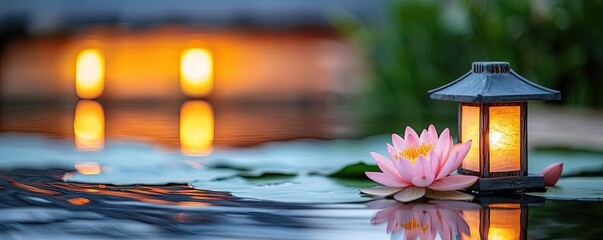 Poster - Macro flowers landscapes concept. A serene scene featuring a lotus flower next to a lantern on tranquil water.