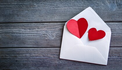 Wall Mural - two red paper hearts in white envelope on gray wooden background, place for text- 72470