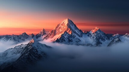 Poster - Mountain range landscapes concept. Breathtaking mountain view at sunset, surrounded by clouds and vibrant colors.