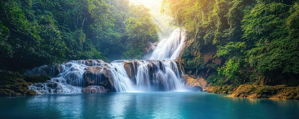 Poster - National park scenic landscapes idea. A tranquil waterfall cascades into a serene pool surrounded by lush greenery.