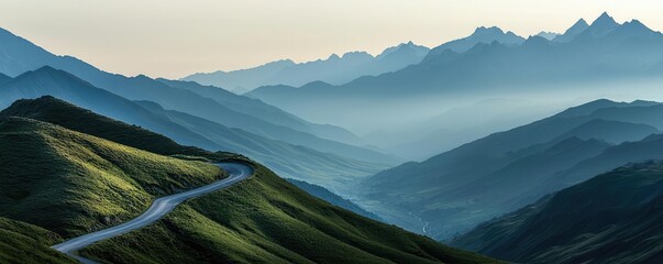 Poster - Mountain range landscapes concept. A serene mountain landscape with a winding road through lush green hills.