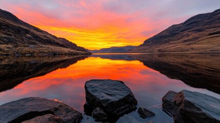 Poster - Lakeside sunset landscapes idea. Stunning sunset reflecting on calm lake waters surrounded by majestic mountains.