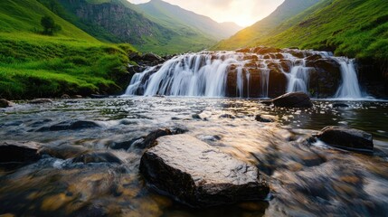 Poster - Waterfall landscapes idea. A tranquil waterfall flows through green hills under a vibrant sunset.