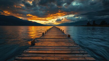 Poster - Lakeside sunset landscapes idea. Serene wooden pier extending into tranquil waters under a dramatic sunset sky.