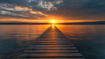 Poster - Lakeside sunset landscapes idea. A stunning sunset over a serene lake viewed from a wooden pier.
