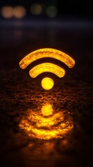 Poster - Glowing wifi symbol with golden lights and reflections on dark surface