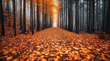 Poster - National park scenic landscapes idea. Serene autumn forest path lined with vibrant orange and yellow leaves.