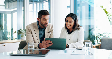 Aufkleber - Review, online and people with tablet, business and happy for ad campaign performance or media buyer. Collaboration, talking and tech for digital marketing in office, website or colleagues in meeting