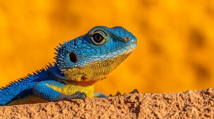 Poster - Blue and yellow lizard on rock with vivid orange background, wildlife photography