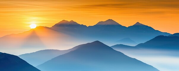 Poster - National park scenic landscapes idea. Breathtaking sunset illuminates the mountain peaks in stunning colors and misty beauty.