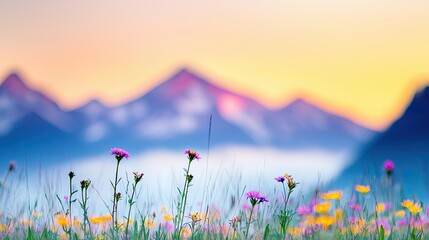 Poster - National park scenic landscapes idea. Vibrant flowers bloom in a picturesque mountain landscape at sunset.