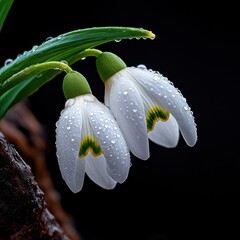 Poster - Two white flowers with green leaves and yellow petals are drooping in the rain