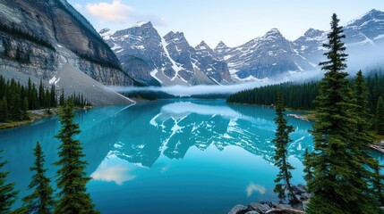 Aufkleber - National park scenic landscapes idea. Pristine mountain lake reflecting towering peaks and lush pine trees.