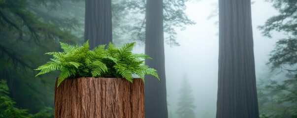 Poster - National park scenic landscapes idea. Lush fern atop a tree stump in a serene, misty forest landscape.